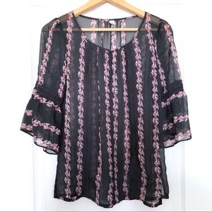 LC Lauren Conrad Top Sheer Navy & Pink Bell Sleeve